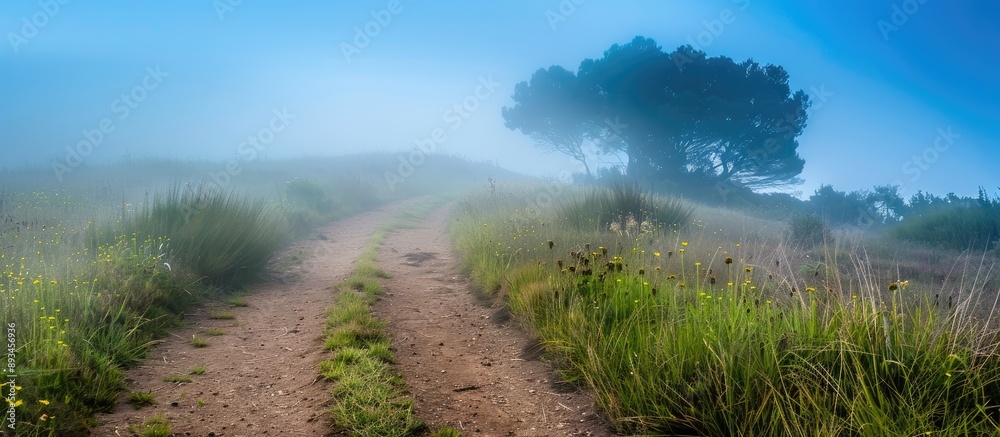 Poster Scenic walking trail within a foggy setting with a blue sky backdrop perfect for photos with a large blank space for text or graphics. with copy space image. Place for adding text or design
