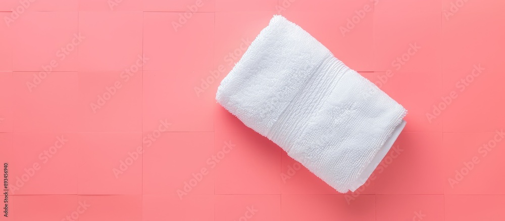 Poster Top view of a white towel on a stylish pink geometric backdrop with space for texts or images. with copy space image. Place for adding text or design