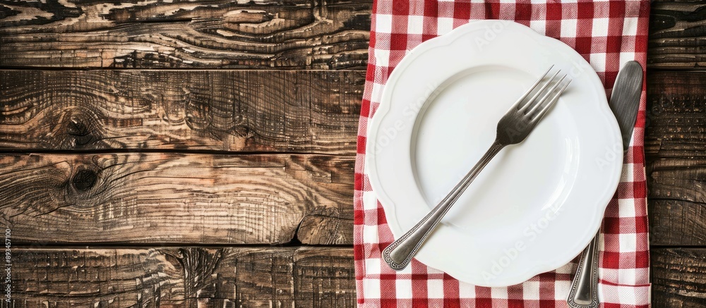 Fototapete a white plate and fork placed on a rustic wooden table with a checkered tablecloth and ample copy sp