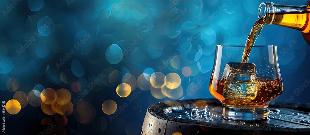 Poster whiskey being poured from a bottle into a glass on a wooden barrel with a blue background in a close