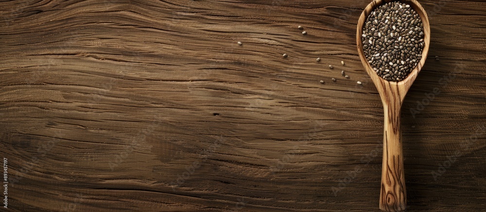 Aufkleber Spoon holding chia seeds against a wooden table with a plain background suitable for copy space image
