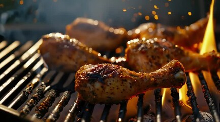 Chicken legs sizzling on the backyard grill, generously seasoned, surrounded by clouds of smoke and dancing fire particles, create an inviting atmosphere.