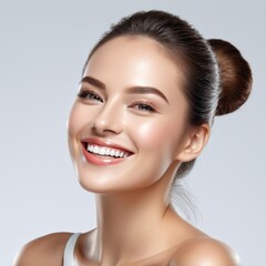 Obraz premium Photo portrait of a smiling young beautiful woman with clean glowing skin for advertising cosmetics, medicine, healthy lifestyle, makeup, beauty salon.