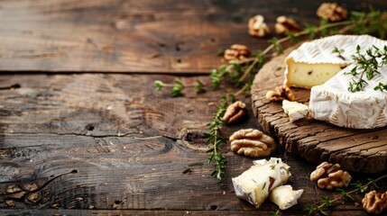 Brie cheese with walnuts, thyme, and rosemary sits on a wooden table, providing copy space.