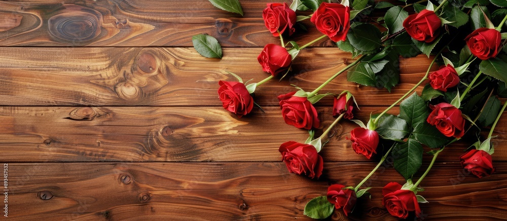 Aufkleber top view image of fresh red roses on a wooden desk providing copy space in a flat lay composition