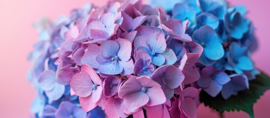 An isolated bouquet of vibrant hydrangea flowers on a soft pink backdrop providing copy space image