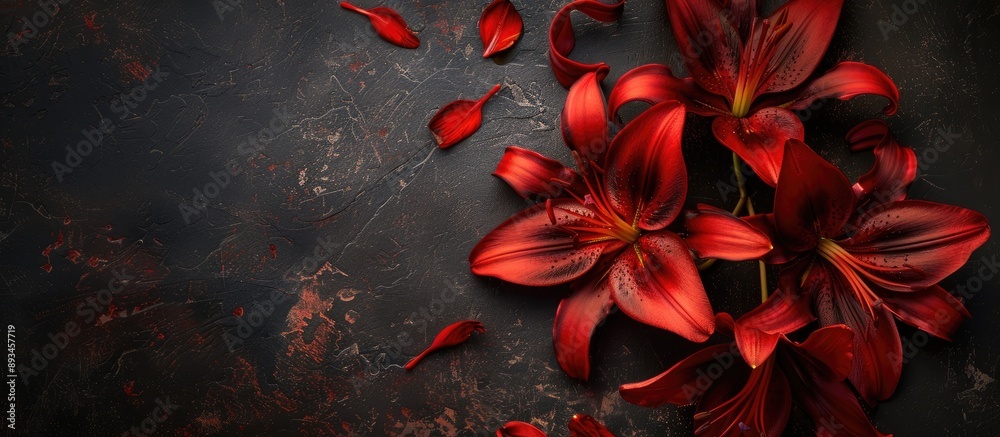 Leinwandbilder top view of red lily flowers on a dark vintage backdrop with space for text or a copy space image