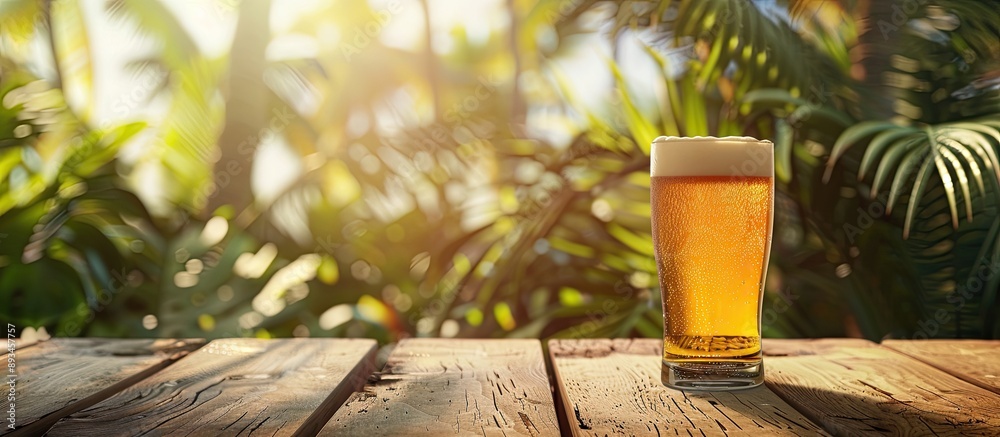 Poster a refreshing craft beer placed on a tropical bar s wooden table with copy space image available