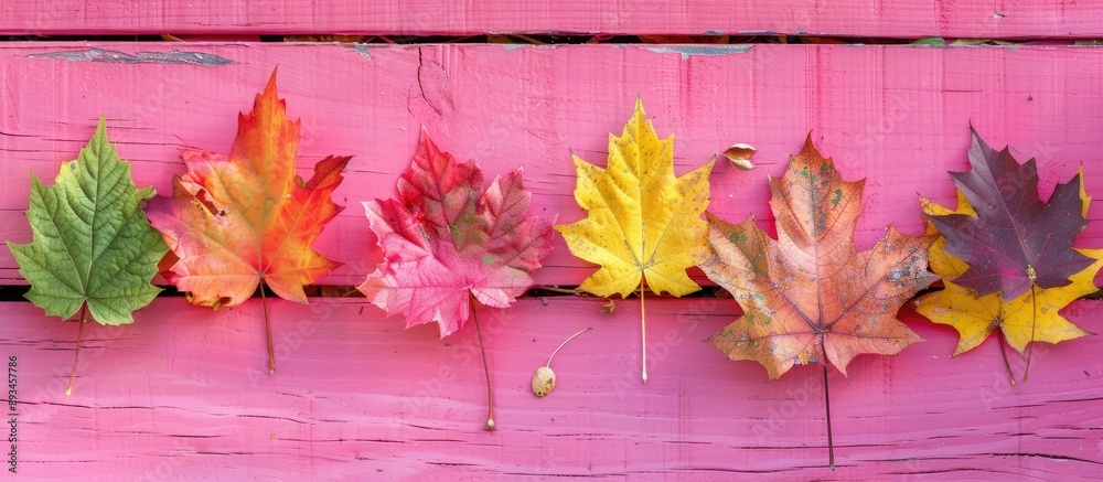 Poster colorful autumn leaves arranged on a pink wooden surface creating an eye catching setting for a copy