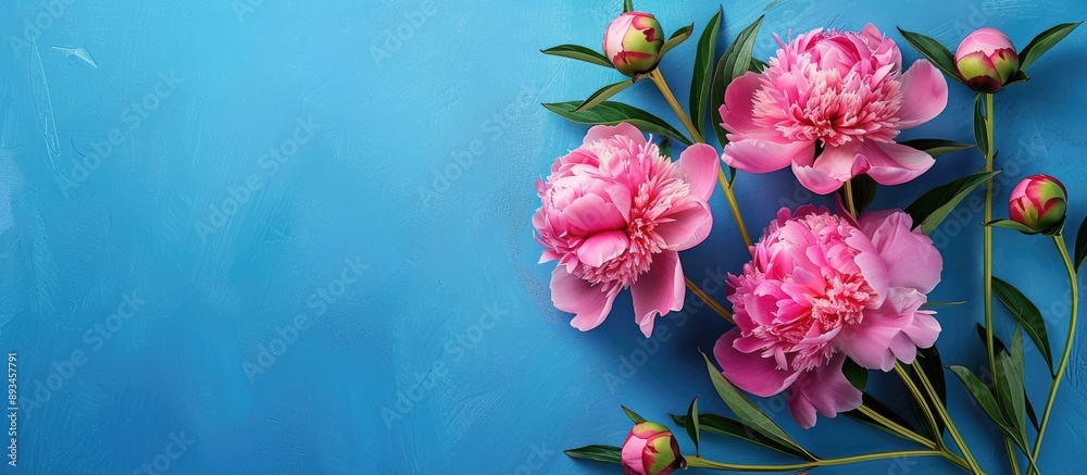 Poster pink peonies arranged in a floral composition on a blue backdrop for occasions like mother s day sea