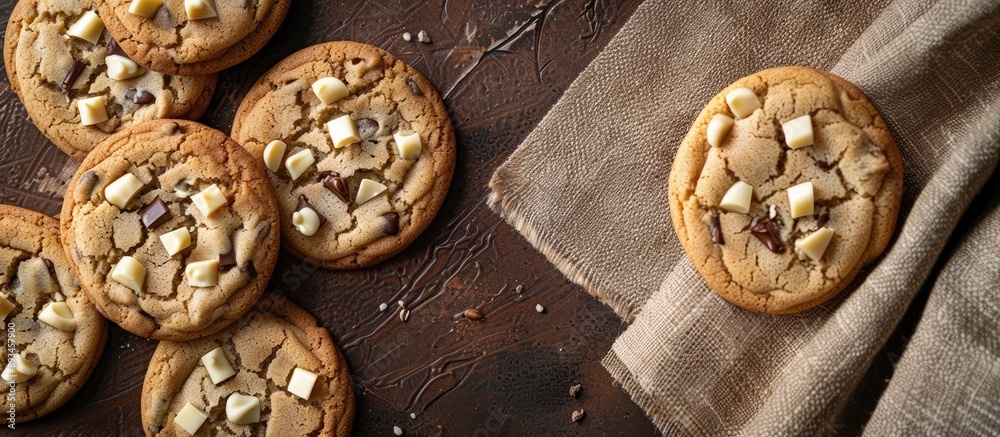 Aufkleber Top view of homemade white chocolate chunk cookies on a brown textured background with copy space image for a flat lay composition