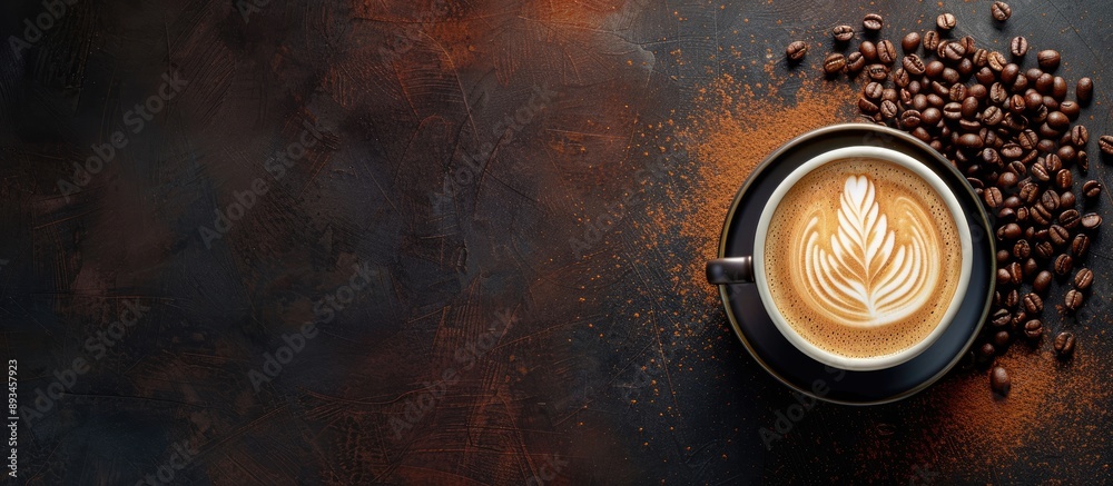 Fototapete top view of a latte with coffee beans on a dark background showing copy space image