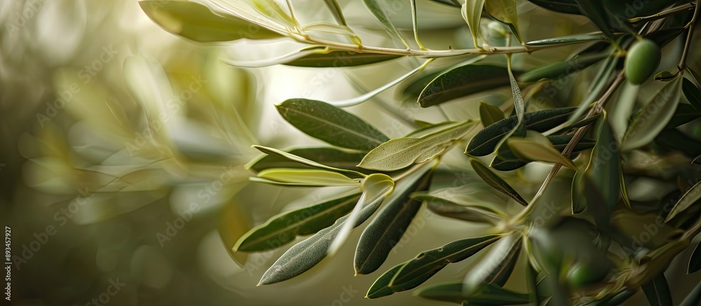 Poster Macro photograph of olive leaves and branches creates a soft focus image Ideal for organic farm restaurant or healthy food blog. with copy space image. Place for adding text or design