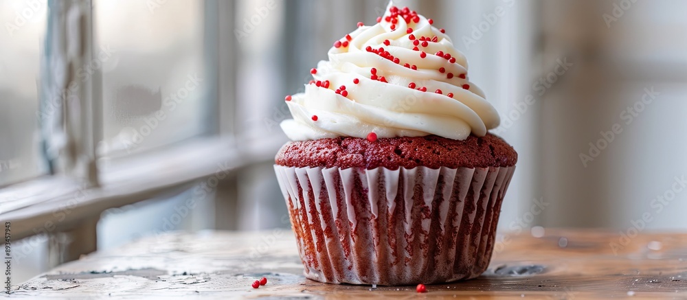 Poster detailed close up copy space image of a solo red velvet cupcake with white frosting red sprinkles on