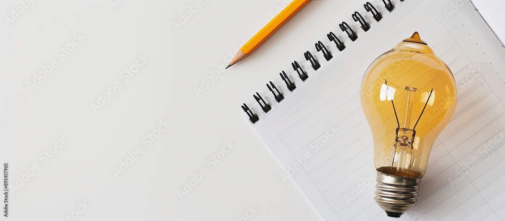 Aufkleber minimalist concept with a light bulb notebook and pencil on a white background representing business