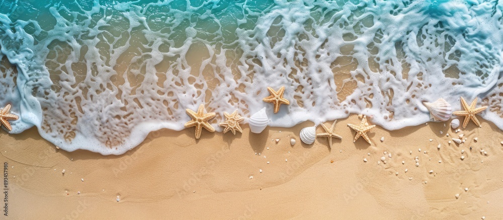 Poster aerial shot of a sandy beach showcasing summer items with ample space for text or images ideal for p