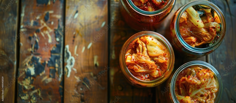 Poster Top view of fermented vegetarian foods like cabbage kimchi and marinated tomatoes in sour glass jars displayed on a rustic kitchen table creating a canned food concept with a copy space image
