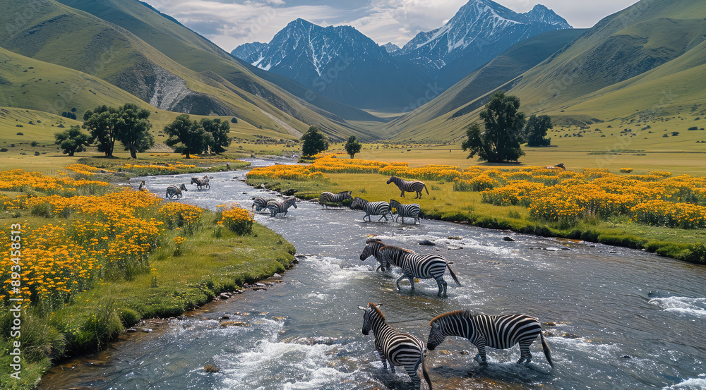 Poster A river flows out from the mountains in a vast valley, and a group of zebras are passing through it. On both sides of the river, there are scattered large trees and colorful flowers. Generative AI.