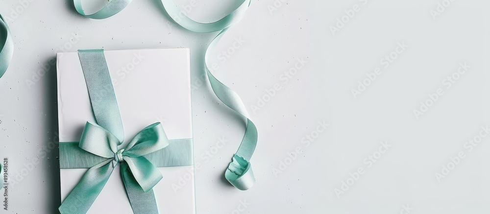 Poster fashion woman themed still life setup on a white background featuring an empty notepad a mint ribbon