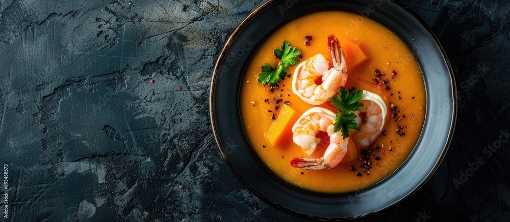Aufkleber shrimp and cream top a pumpkin or carrot soup bowl on a black backdrop in a flat lay style with copy