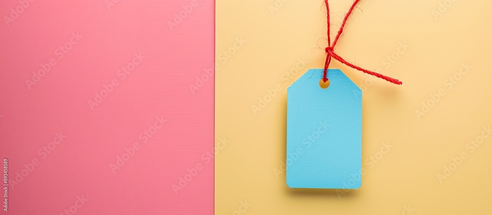Poster Minimalistic flat lay composition featuring a blank price tag on a pastel background with ample copy space image