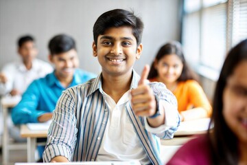 Indian student giving thumbs up in class
