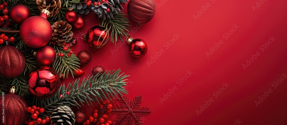 Poster holiday themed arrangement with christmas red ornaments and tree decorations showcased on a red back