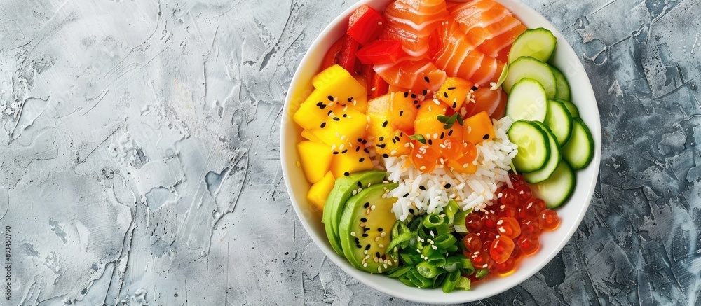 Poster top view of ingredients for poke bowl including rice salmon assorted vegetables fruits like avocado 