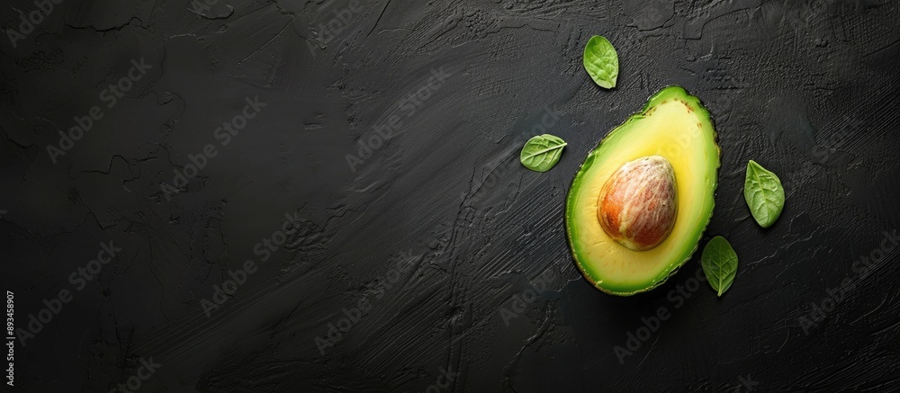 Poster half an avocado on a black table with a copy space image for a healthy food concept