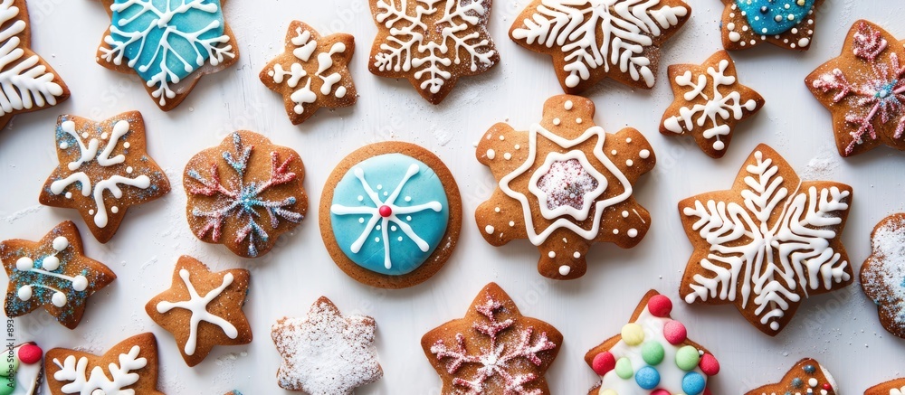 Leinwandbilder top view of a variety of colorful christmas gingerbread cookies with a sugar glaze set on a white ba