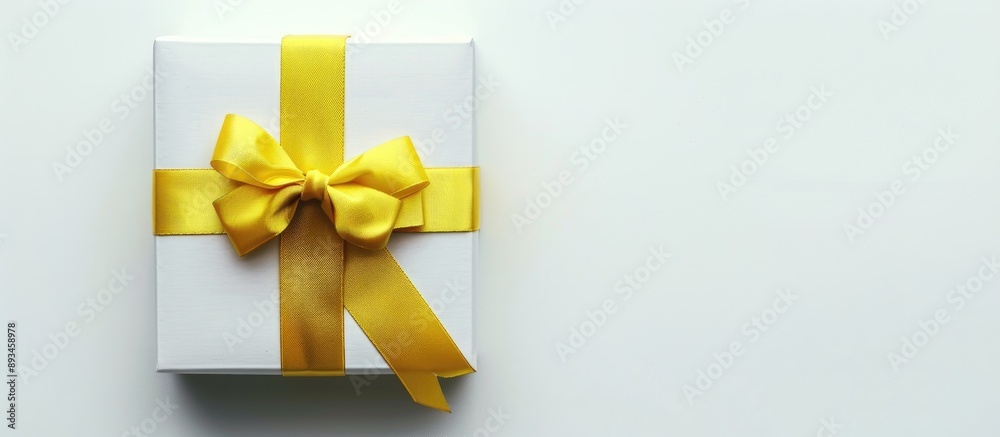 Poster white gift box with a sunny yellow ribbon and bow on a blank background great for placing text or gr