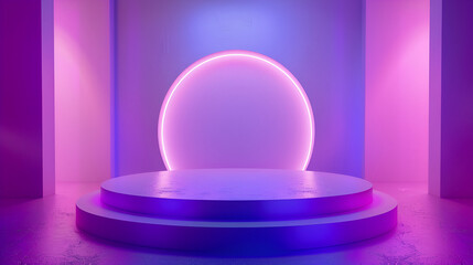 futuristic gaming esports background abstract wallpaper, cyberpunk style scifi game, stage concert scene in pedestal display room, led neon glow light,Stage podium with lighting,3D rendering purple 