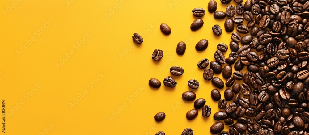 Fototapete Yellow background with coffee bean borders offers space for your text around the image. with copy space image. Place for adding text or design