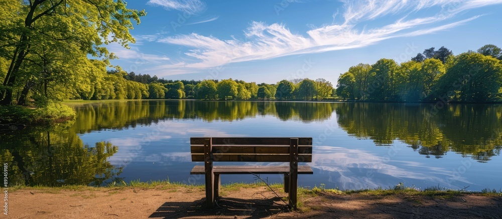 Poster a picturesque scene of stunning trees mirrored in the lake on a sunny day surrounded by a wooden ben