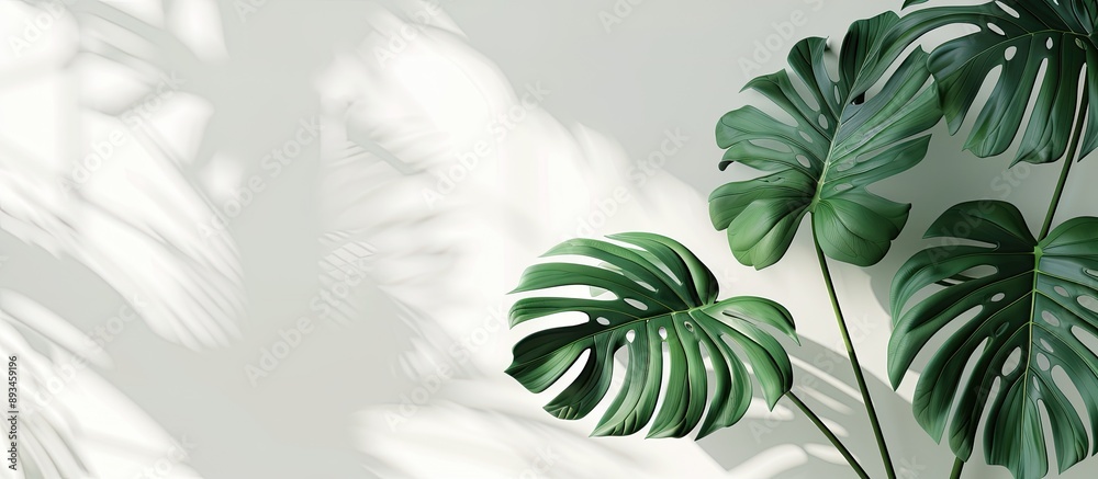 Poster monstera leaves in a modern interior on a white backdrop conveying a minimalistic approach with copy