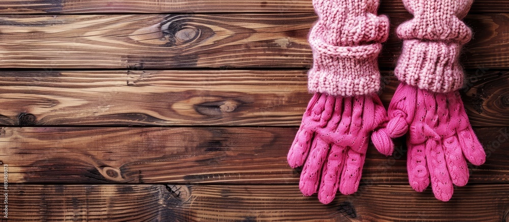 Aufkleber autumn wardrobe essential chic pink gloves on wood with a clear area for text in a top down view for