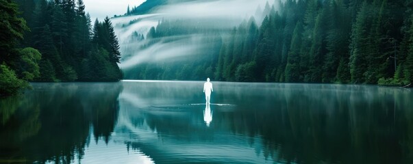 Fototapeta premium A glowing spirit hovers over a serene lake surrounded by trees