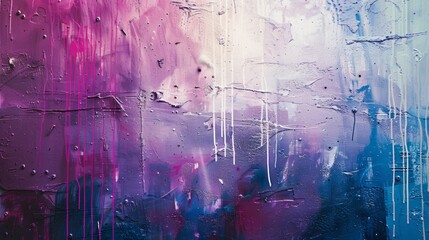 Obraz premium Photo of messy paint streaks and smudges on an old painted wall. Purple, blue, pink, magenta, white drips, streams, streaks of paint and spray paint.