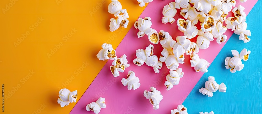 Aufkleber Close up of delicious popcorn on a colorful background with space for text. with copy space image. Place for adding text or design