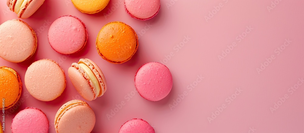 Leinwandbilder top view of vibrant macarons on a pink background with ample copy space image