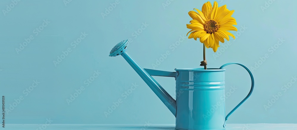 Poster blue watering can on a blue background with a single yellow chrysanthemum peeking out of the spout s