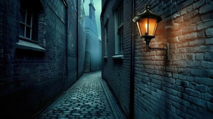 Obraz premium Eerie alleyway with a streetlamp illuminating shadows at night
