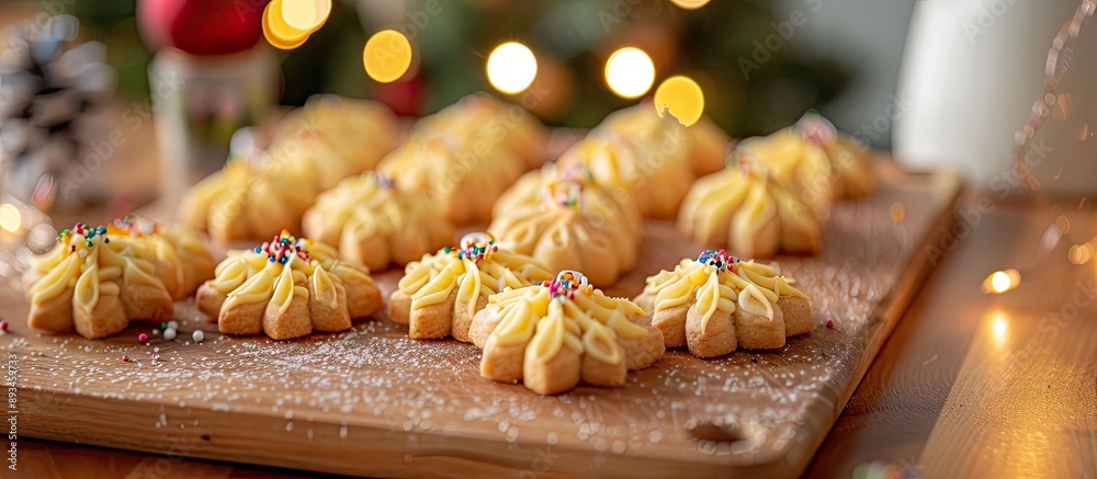 Poster Festive season spritz cookies displayed on a decorated chopping board with various angles featuring selective focus and some empty space for images. with copy space image