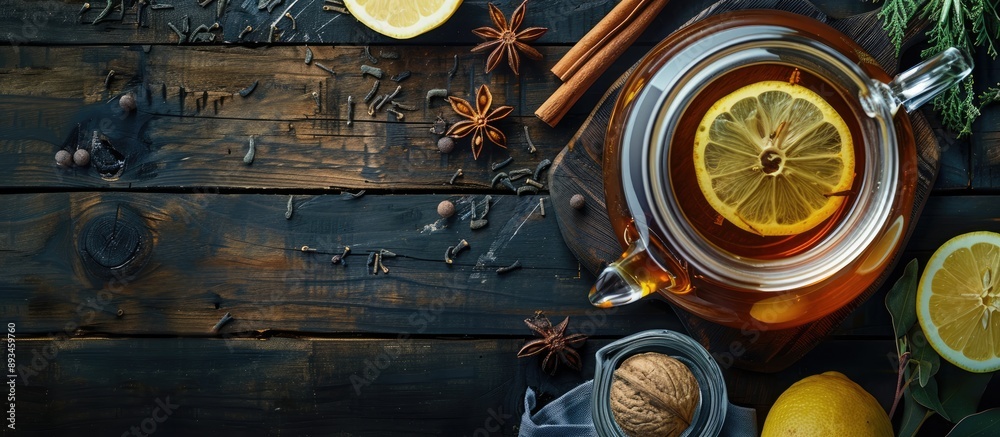 Poster top down view of a glass teapot containing hot black tea garnished with lemon and cinnamon on a dark