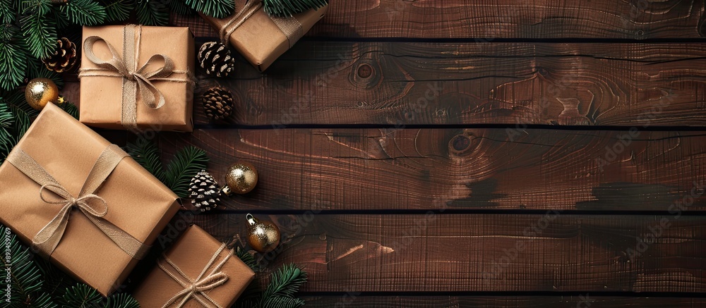 Poster top view of christmas gift boxes and a fir tree on a wooden background providing copy space in the i