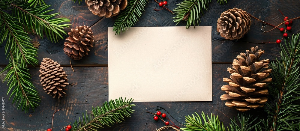 Poster a winter themed christmas arrangement displayed on a dark wooden table featuring a blank card suitab