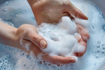 Fototapeta premium Hands Washing Clothes with Soapy Bubbles