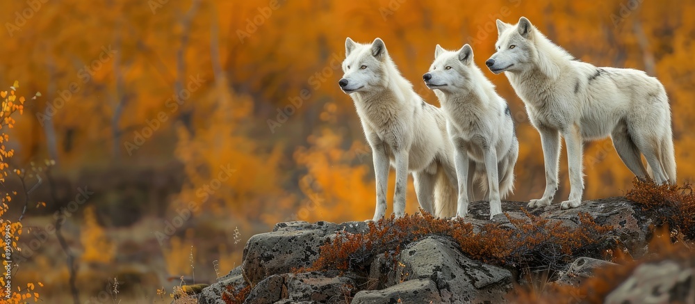 Aufkleber arctic wolves spotted in an autumn setting with copy space image available