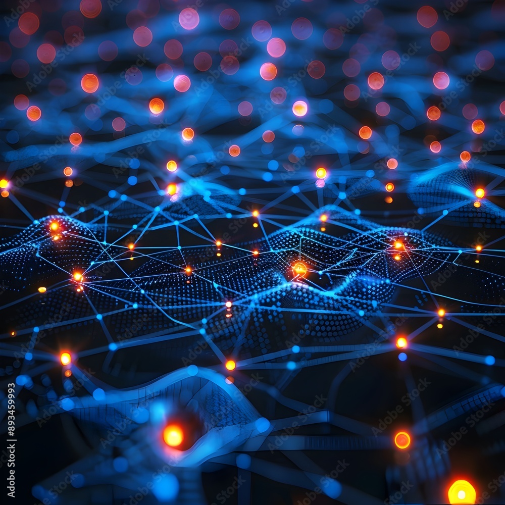 Poster vibrant cyber network with floating data points and neon pathways futuristic digital background conc