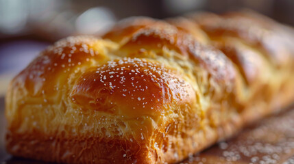 Close-up image of a freshly baked, golden-brown braided brioche bread with sugar crystals on top.